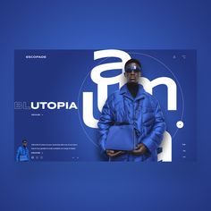 a man in a blue jacket holding a blue bag with the word utopia on it