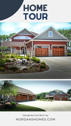 the front and back side of a house with two garages on each side, one is