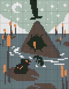 a cross - stitch pattern with an image of a fish in the water and a tower on top