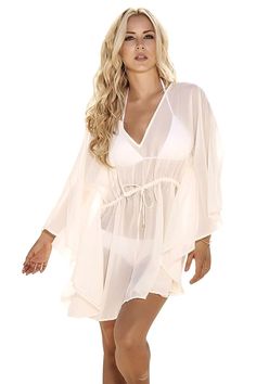 Sheer polyester chiffon beach or pool cover up in ivory or turquoise. - Long sleeve Grecian style - V-neck - Draw string waist with gold tone metal tie ends - Sizes: S(0-2), M(4-6), L(8-10), XL(12-14) - Made in Columbia - Free shipping Cheap Printed Beach Dress Cover-up, Cheap Green Beach Dress Cover-up, Cheap Halter Neck Beach Cover-up Dress, Cheap Beachwear Tops For Beach Cover-up, Cheap Beachy Beach Dress Cover-up, Affordable Sleeveless Beach Cover-up, Cheap Blue Beach Dress For Beach Cover-up, Cheap Fitted Beach Party Cover-up, Cheap Summer Chiffon Beach Dress