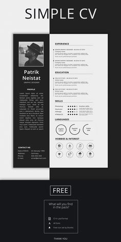 a black and white resume template with an image of a man in a hat on it