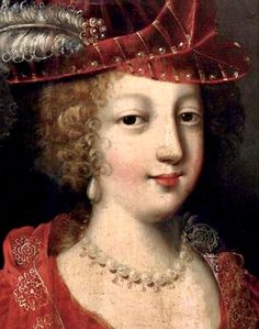 a painting of a woman wearing a red dress and a feathered hat with pearls on her head