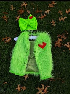 a green furry coat with a bow on the head and red heart buttons is laying in grass