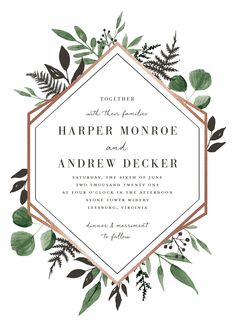 a wedding card with greenery and leaves in the center, on a white background