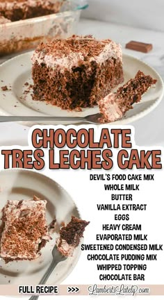 chocolate tress leches cake recipe on a white plate with the title below it