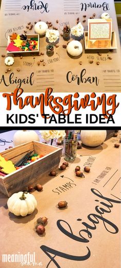 thanksgiving kids'table idea with pumpkins, acorns and other things on it