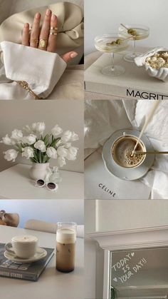 four different pictures with coffee, flowers and napkins on the table in front of them