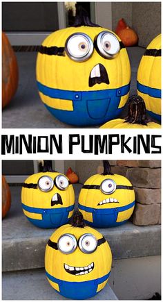 three pumpkins that have been painted to look like minion pumpkins