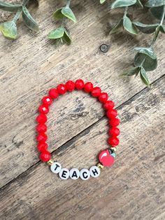 "Custom gifts! Back to school teacher or student bracelets! 🍎 ✏️ Customizable! Bracelet can be made with any name or word, initials or phrase. Can also be made with no personalization, apple bead only. Bracelets are made out of glass beads, gold toned hematite beads, polymer clay apple bead and acrylic letter beads. . Measure wrist above wrist bone, not too tight. Add 1/2\"-3/4\" to that measurement for maximum comfort. There are many videos on YouTube to help with wrist measurements. Standard Teacher Bracelet, Acrylic Letters, Teacher Apple, Teacher Name, Teacher Christmas Gifts, Hematite Beads, Teacher Christmas, Letter Beads, Name Bracelet