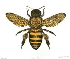 a yellow and black bee with intricate designs on it's wings