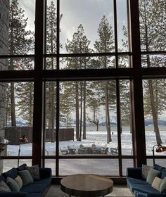 a living room filled with furniture and large windows overlooking the snow covered forest outside it