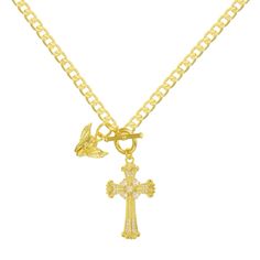 - Cross and cherub / angel necklace - Flat curb chain - Toggle clasp - Hand set clear CZ stones on cross - 14 karat gold or silver plated - Made to last Every Jewels, 2000s Accessories, Shine Like The Stars, Evry Jewels, Guardian Angel Necklace, Rhinestone Statement Necklace, Earthy Outfits, Angel Necklace, Dope Jewelry