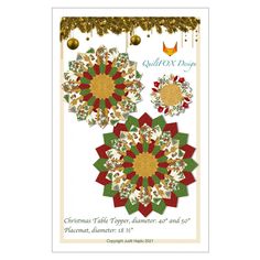 the christmas table runner pattern is shown in red, green and gold with ornaments hanging from it