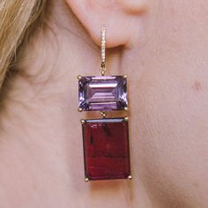 One-of-a-kind Amethyst & Tourmaline earrings. Vibrant purple 15.42ct Amethyst and deep red 20.77ct Tourmaline swing from diamond pave hoops. A true statement maker. Note - This item is final sale! Gem Shop, Tourmaline Earrings, Vibrant Purple, Birth Flowers, Flower Charm, Birthstone Ring, Signet Ring, Deep Red, Pave Diamonds