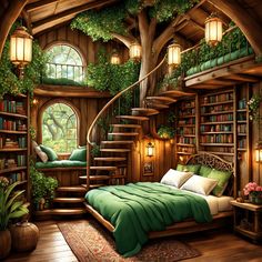 a bedroom with a spiral staircase leading up to the second floor and bookshelves