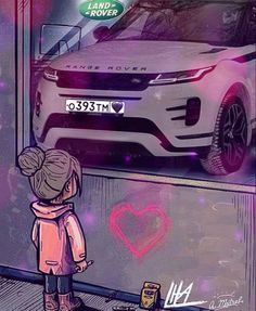 a drawing of a girl looking at a car in a garage with the words land rover on it