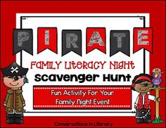 a red and white poster with the words pirate family library night scavenger hunt