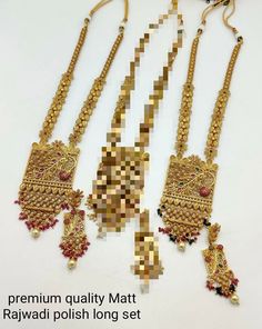 Long gold necklace set. It's a simple elegant set with details of design. The floral design mixed with mesh work on the pendant makes it gorgeous. The pendant is finished with red stones on it. The side chains have beautiful small flower and design chain. There is dori on the back to adjust the length. Comes with super cute jhumkis. Looks like real gold set. P. S: Please ask any question if you have related to this product before purchasing as returns for size, color etc are not covered. Buyer i Long Gold Necklace, Gold Peacock, Long Haram, Jewelry Pakistani, Red Stones, Green Stones, Gold Long Necklace, Pakistani Jewelry, Peacock Design