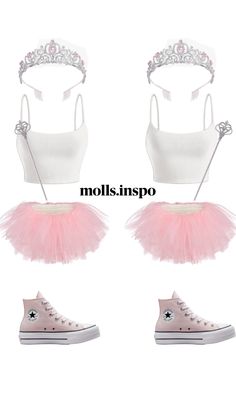 three different types of shoes with pink tutues and tiara on the top