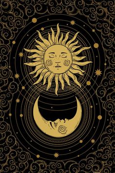 the sun and moon are depicted in an ornate frame on a black background with gold swirls