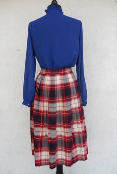 "Cute red, blue and cream plaid skirt with accordion pleats. Waistband with metal zipper and button closure. Midi or tea length. Soft lightweight fabric. Skirt is unlined. Excellent condition. Measurements taken laying flat from side to side: waist - 13 1/2\" hips - free length - 28\"" Square Skirt, Skirt School, Red Pleated Skirt, Bombshell Dress, Accordion Pleats, Fabric Skirt, High Waist Skirt, Blue Checkered, Half Apron