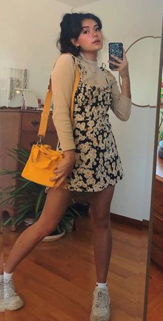 2024 Spring Outfits Midsize, Quick Outfit Ideas Summer, Yellow Top Outfit Ideas, Quirky Chic Style, Spring Sundress Outfits, Artsy Indie Outfits, Casual Spring Dress Outfits, Sundress With Doc Martens, Cute Casual Outfits Midsize