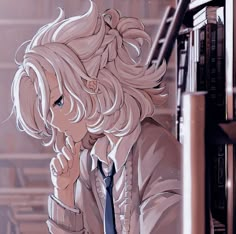 an anime character with blonde hair leaning against a book shelf