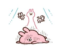 a pink bunny laying on the ground with two small birds flying around it's head