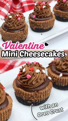 chocolate cupcakes with an oreo crust are on a white plate and the words valentine's mini cheesecakes