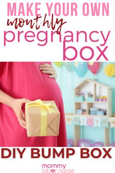 a pregnant woman holding a present box with the words make your own pregnant pregnancy box