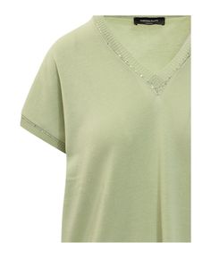 Fabiana Filippi Sequins T-shirt | italist Cotton V-neck Top With Ribbed Neckline, V-neck Tops With Embroidered Hem, V-neck Top With Ribbed Neckline, Elegant V-neck T-shirt For Summer, Casual Crew Neck Top With Embroidered Hem, Neck Details, Yoga Wear, Skirt Suit, Bridal Shoes