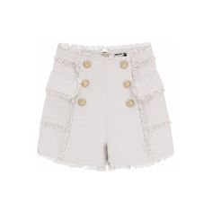 Balmain Shorts Crafted In Linen And Silk Canvas. Embellished With Six Gold-Tone Buttons With The Iconic Debossed Lion Head, They Feature Two Side Pockets With Flap And Back Gold-Tone Zipper Closure. Frayed Trims. Regular Fit With High-Rise Waist. The Model Is 177 Cm Tall And Wears Size Fr 36. Material: 78% Li 22% Se. Made In: Bulgaria. Color: Beige. Collection: Spring - Summer 2023. Sku: Af0pa022hb19. Modecraze Is An Online Platform That Offers The Best Designer Products From Europe To Customers Cargo Shorts Women, Balmain Clothing, Blue And White Shorts, Bleached Denim, Black High Waist, Cycling Shorts, Lion Head, Linen Shorts, Roberto Cavalli