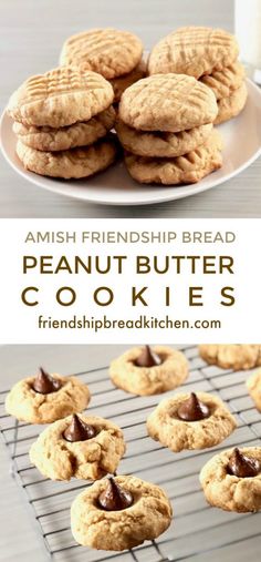 peanut butter cookies on a cooling rack with chocolate chips and milk in the background text reads amish friendship bread