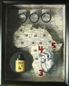 the shadow of a map is shown with two pairs of scissors and an ink bottle