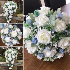 a bouquet of white and blue flowers sitting on top of a wooden table next to other pictures