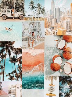 a collage of photos with coconuts and palm trees