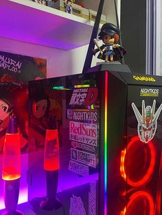 an image of a computer case with neon lights in the front and behind it is a cartoon character