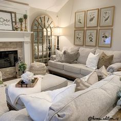 a living room filled with furniture and a fire place in front of a mirror on the wall