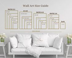 the wall art size guide for sofas and loveseat in white with gold trim