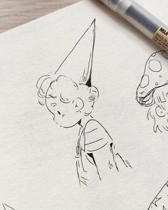 a drawing of a boy with a party hat on his head and an animal in the background