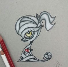 a pencil drawing of a cartoon character with yellow eyes and long hair, sitting on top of a piece of paper