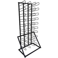 a black rack with many glasses on it