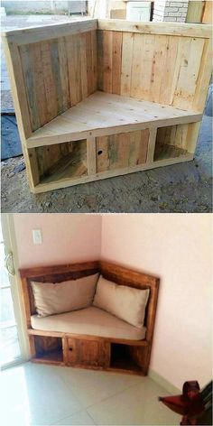 two different pictures of the same furniture made out of pallets