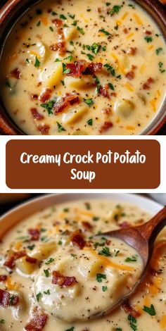 Try this creamy potato soup recipe made in the crock pot for a dish that’s loved by all ages! It’s rich, hearty, and so easy to prepare. Packed with flavor, this soup is the ultimate comfort food that’s ready when you are. Bacon Potato Soup Crockpot, Potato Bacon Soup Crock Pot, Cheesy Potato Soup Crock Pot, Crockpot Cheesy Potato Soup, Baked Potato Soup Crock Pot, Gathering Recipes, Crock Pot Potato Soup, Potato Soup Crockpot Recipes, Potato Soup Crock Pot Easy