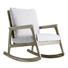 a wooden rocking chair with a white pillow on it's back and seat cushion