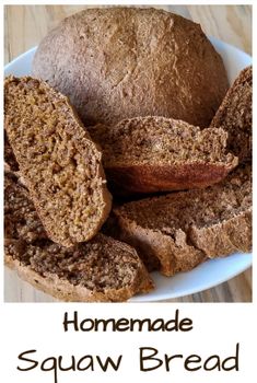 homemade sugary brown bread on a white plate with text overlay that reads homemade sajaw bread