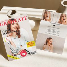 two magazine covers sitting next to each other on a white counter top, one with a woman's face