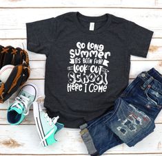 So long summer it's been fun. Look out school here I come in my boys back to school shirt. This Hmarr Designs exclusive hand-lettered tee is perfect for the first day of school photo ops, class pictures or just for fun.   #back2school #backtoschoolfashion #backtoschoolclothes #firstdayofschooloutfit Summer School Spirit T-shirt With Graphic Print, Summer School Spirit Short Sleeve Shirt, Summer School Spirit Shirt With Graphic Print, School Spirit Graphic Print Tops For Summer, Summer School Spirit Graphic Print Tops, School Spirit Graphic Print Summer Shirt, Summer Cotton Tops With School Spirit, Summer Graphic Print Tops For School Spirit, Summer School Spirit Tops