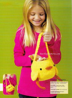 "Happy Chick Bag is a vintage crochet purse pattern from 1989 -- now available as a digital download so that you can get started crocheting right away! This book has a full colour photo, written crochet instructions + a layout illustration for your purse. Pattern:      * Happy Chick Bag Size:      * 6 1/2\" (16.5 cm) diameter (at widest) x 4 1/4\" (11 cm) diameter (at top opening) x 5 1/4\" (13.5 cm) high, not including handle Hook Size:      * Size I-9 (5.50 mm) Materials:      * Red Heart Supe Chicken Purse, Easter Purse, Chick Crochet, Layout Illustration, Colour Photo, Spring Chicken, Purse Pattern, Crochet Handbag, Crochet Vintage