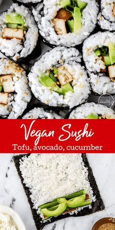 vegan sushi rolls with avocado, cucumber and sesame seeds